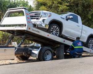 a pickup truck being towed